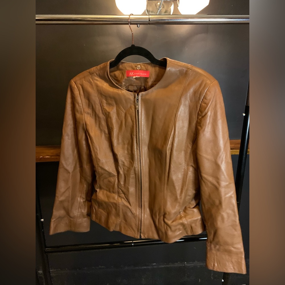 Genuine leather jacket zip up, tan - Anne Klein